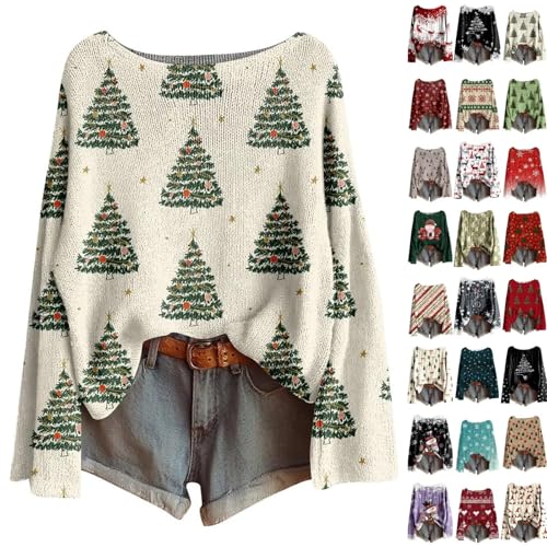 Pink Christmas Sweatshirts for Women UK Funny Reindeer Snowflake Graphic Print Casual Long Sleeve Shirts Tunic Tops Women's Ugly Xmas Womens Loose Fit Jumpers Beige Green Oversized Pullover XXL 3XL
