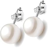 Gleejed 18K Gold Plated Sterling Silver Round Stud White Simulated Shell Pearl Earrings for Women Gift(8 mm)