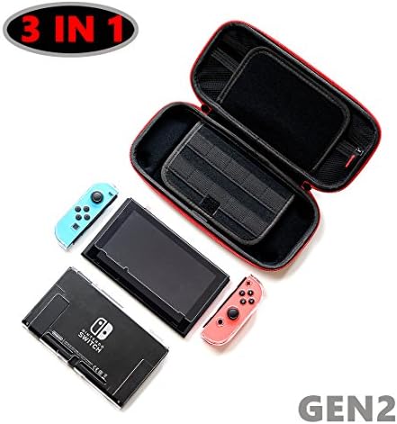 3in1Full Range Accessories for Nintendo Switch including EVA Portable Travel Carrying Case with 20 game card slots,Transparent Ultra Thin Cover, Tempered Glass Screen Protector and Joy-Con Con
