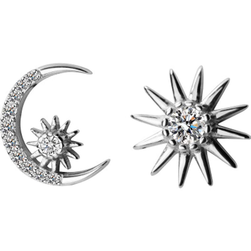 Crystal Star Crescent Moon Stud Earrings S925 Sterling Silver Dainty Clear CZ Diamond Sun Asymmetrical Ear Studs Piercing Earring Delicate Jewelry Gifts for Women Girls Sensitive Ears (Silver)