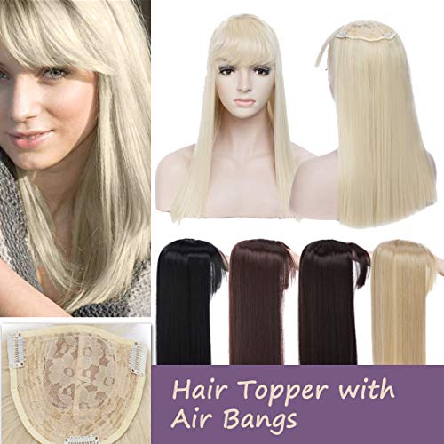 Synthetic Crown Toppers Clip in/on Natural Long Straight Top Hair Hairpiece with Air Bangs Middle Part Hair Extension for Women with Hair Loss Thinning Hair #613C Bleach Blonde 17 inches 120g