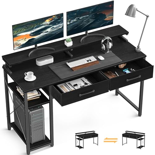 ODK Computer Desk with Drawers, 48 Inch Office Desk with Storage & Shelves, Work Writing Desk with Monitor Stand Shelf, Black Home Office Desks for Small Spaces