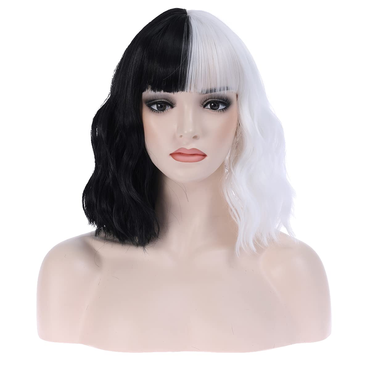 Photo 1 of MAGQOO Half Black White Wig with Bangs Women Girls Short Curly Wavy Bob Wig Black and White Hair Wigs Halloween Cosplay Costume Party Wig