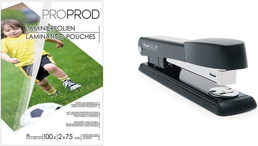 ProProd Premium A4 150 μ Glossy Laminating Pouch (Pack of 100) &Rapesco Stapler R54500B2 - Marlin, 25-sheet capacity. Uses 26 and 24/6mm Staples - Black