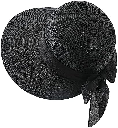 Women\'s Black 5.7 Inches Big Bowknot Straw Hat Large Floppy Foldable Cap ericotry Womens Big Bowknot Straw Hat Beach Cap Wide Floppy  main image 4