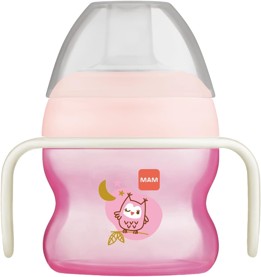 MAM Starter Cup Glow-in-the-Dark Handles | 150ml | Suitable for 4+ Months | Training Sippy Cup to Encourage Independent Drinking | Baby Accessories | Pink (Various Designs)