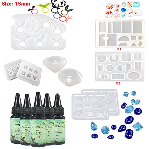 Frenshion 5 Pieces 30ML Crystal Epoxy Resin UV Glue, 9Pcs Transparant Silicone Mould Resin Craft Mould Tools Nail Art Tools For Handcraft Jewelry Earrings Necklace Bracelet Nail Art Accessories