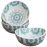 Porcelain Bowl Set 4 for Soup Cereal Rice, 20 Ounce Each, Hand Made Floral Pattern, Mint Blue