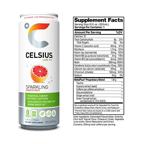 CELSIUS Sweetened with Stevia Sparkling Grapefruit Fitness Drink, Zero