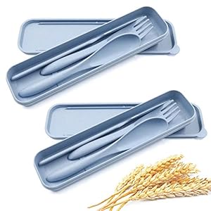 2 Pack Portable Travel Cutlery Set, Reusable Flatware Set, Wheat Straw Dinnerware Set, Tableware Set for Workplace School Picnic Camping (Blue)