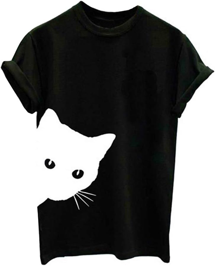 Qianxitang Women's Cat Print Tee Summer Casual Basic Short Sleeve Round Neck T Shirts