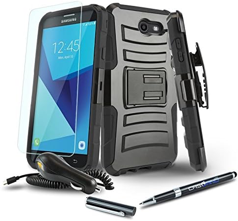 [Samsung Galaxy J3 Eclipse] Case [Bundle][Refined Series][Black] Phone Cover [Kickstand][Swivel Belt Clip Holster] with Car Charger, Screen Protector and CaselandUSA 2-in-1 Ball/Stylus Pen (Black)