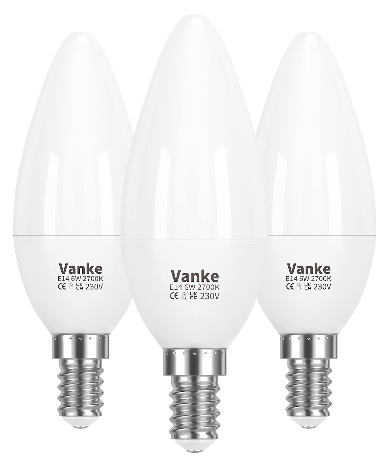 Vanke E14 LED Light Bulb, Warm White 2700K Yellow Light, 6W (40 Watts Equivalent), 470 Lumen LED Candle Bulb, SES Small Edison Screw Light Bulbs, Non-Dimmable, Pack of 3