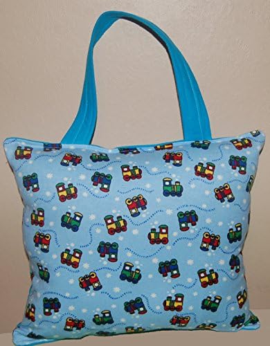 Children's Blue Trains Travel Pillow with Carrying Strap and Pocket - Hypoallergenic and Machine Washable! Made in USA!