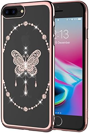 Compatible with iPhone 8 Plus Case and iPhone7 Plus Case, Clear Case with Swarovski Crystals by ICONFLANG, Compatible with Wireless Charging, Slim Case for iPhone 8 Plus. (Pink)