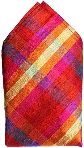 Red Pink Purple Checks 100% Silk Dupioni Pocket Square Full-Sized 16"x16"
