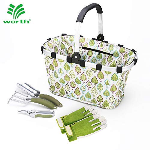 Worth Garden Tool Set 5 pc Heavy Duty Gardening Tools Kit, 7″ Bypass Pruner Aluminium Trowel, Cultivator, Foldable Basket, Gloves, Gardening Gifts for Woman and Man
