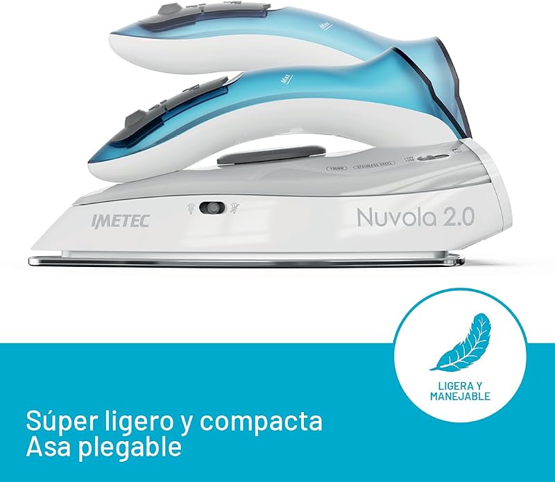 Nuvola 2.0 - Plancha de vapor de viaje - Suela de acero inoxidable - 1000 vatios - Compacta y ligera - Mango plegable - Maletín de viaje - Doble voltaje - Carrera de vapor 80 g