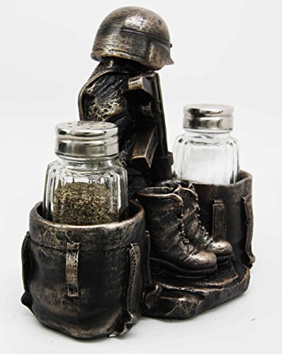 Military Soldier Uniform Attire & Rifle Decorative Glass Salt Pepper Shakers Holder Resin Figurine