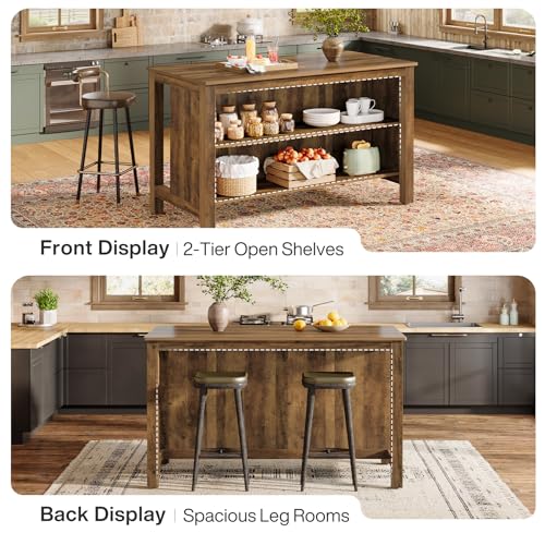 Tribesigns Kitchen Island with Seating and Storage, 59-Inch Large Farmhouse Stationary Island Table for Kitchen, 3-Tier Counter Height Coffee Bar Tables for Dining Room, Rustic Brown