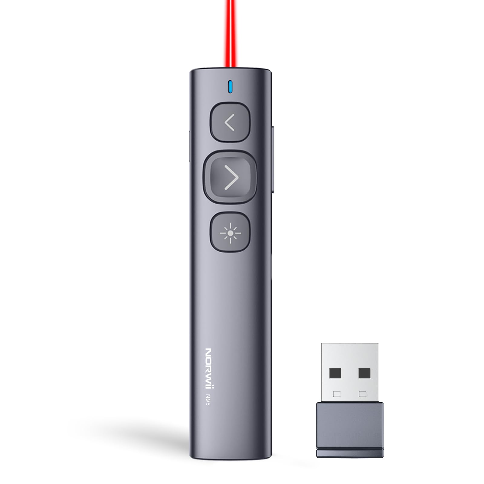 Norwii N95 Presentation Clicker, PowerPoint Clicker for Presentation Remote, Rechargeable Wireless Presenter Pointer, Slide Advancer for PC/Laptop/e-Book in Classroom, Auditorium, Church (Red, USB-A)