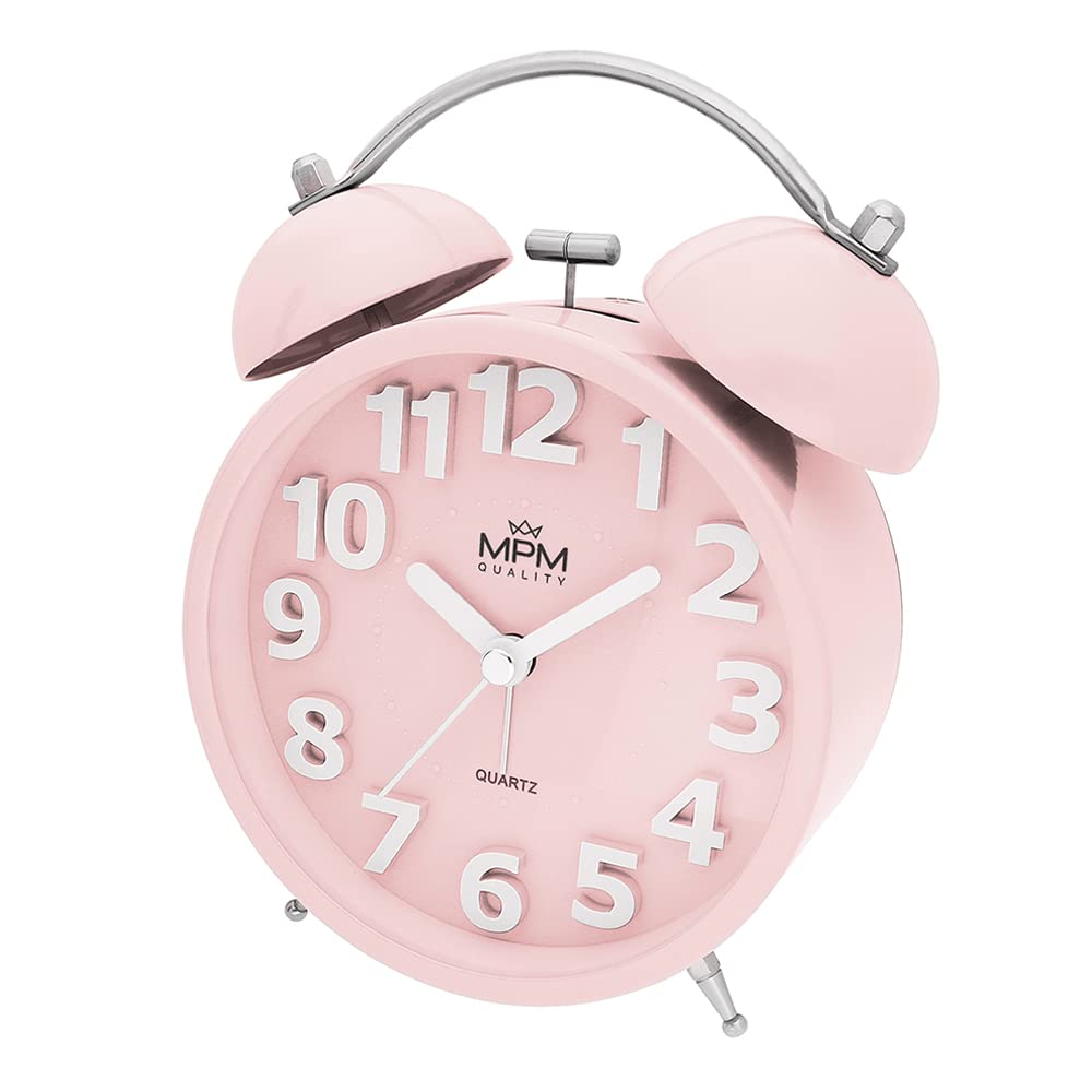 MPM Quality Design Metal Alarm Clock in Trendy Colours, Rose, 3D Dial, Quartz Movement Sweep, LED Light Function, Analogue, Classic Ringing, Wakes Even the Biggest Sleepers, 155 x 110 x 55 mm