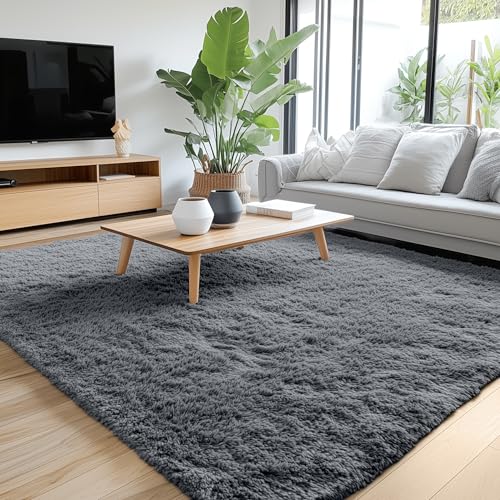 Homaxy Fluffy Shaggy Rugs Living Room, Large Anti Slip Carpet, Machine Washable Soft Thick Pile Bedside Rug for Kids Bedroom, Nursery - Dark Grey, 120 x 160 cm