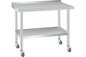 Garvee Stainless Steel Table for Prep & Work 48 x 24 Inchs with Backsplash and 4 Caster Wheels, Commercial Heavy Duty Table w