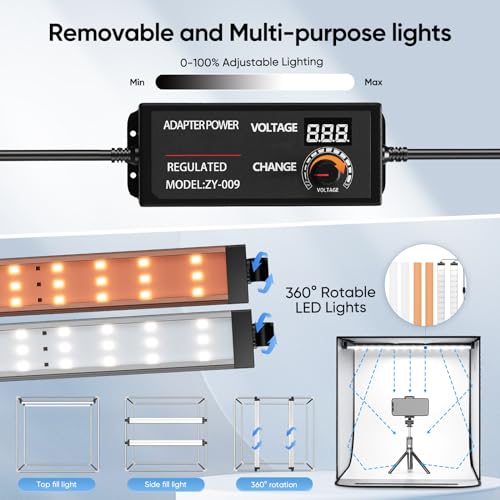 60 x 60 cm Photographic Light Box, Photo Studio and Lighting with 2 Removable and Adjustable LED Strips, 6 Background Colors for All Kinds of Product Photography