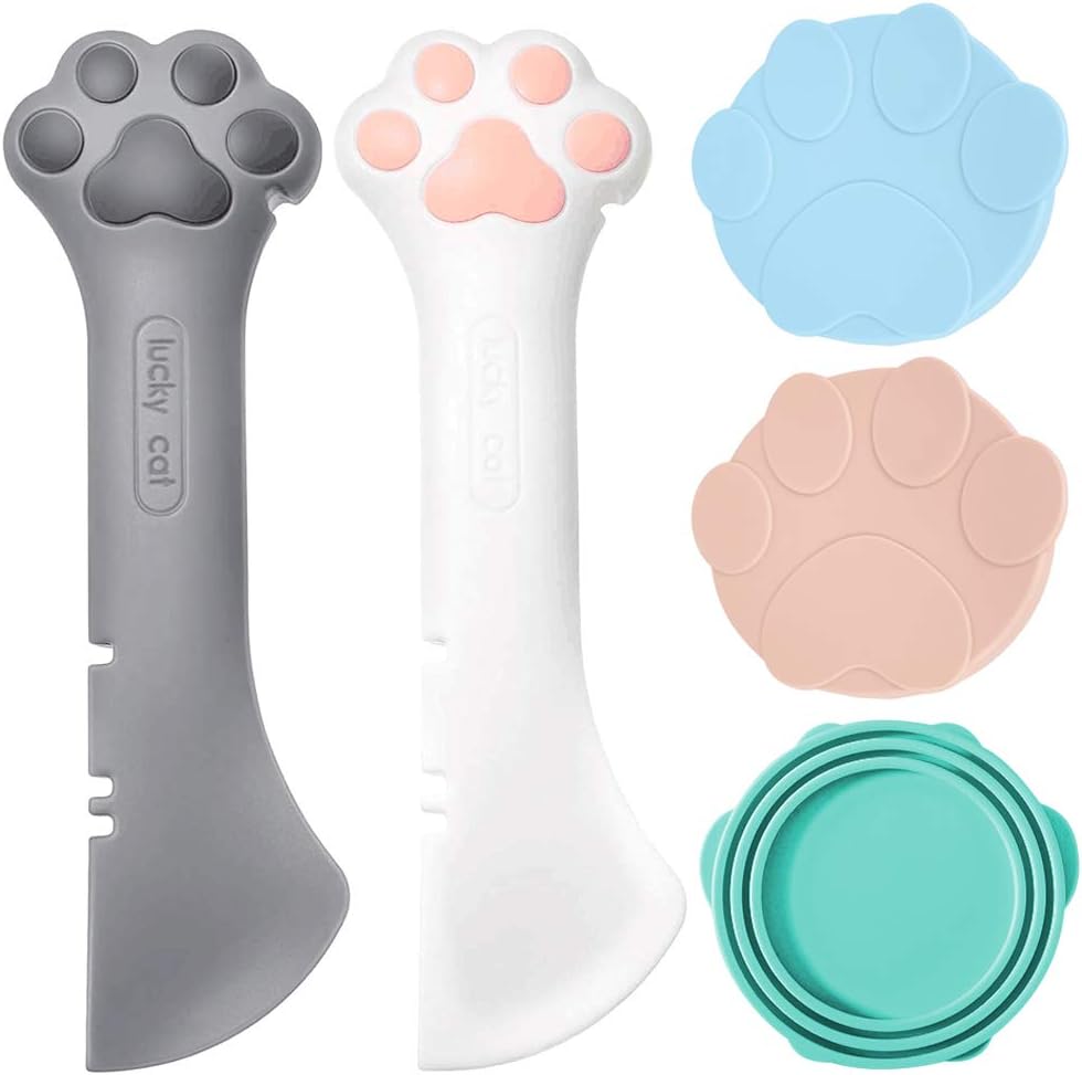 GS SNOWING 2 Pieces Multifuctional Pet Food Can Opener Spoon with 3 Pieces Universal Silicone Can Covers for Pet Cat Dog Feeding Can and Wet Food Storage