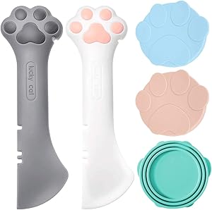 GS SNOWING 2 Pieces Multifuctional Pet Food Can Opener Spoon with 3 Pieces Universal Silicone Can Covers for Pet Cat Dog Feeding Can and Wet Food Storage