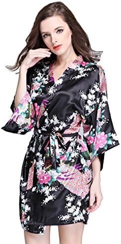 SheSmile Gorgeous Women Satin Kimono Robe Peacock Blossoms Silk Sleepwear Bathrobe
