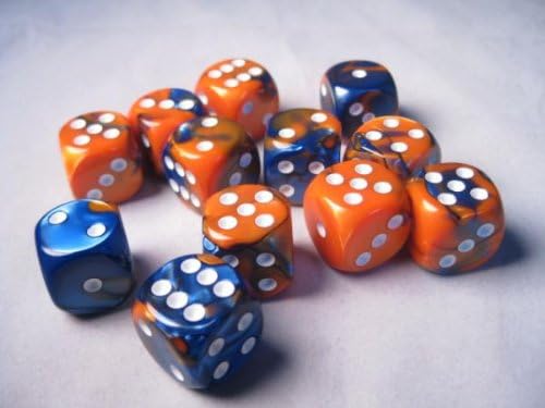 Chessex Dice d6 Sets: Gemini Blue & Orange with White - 16mm Six Sided Die (12) Block of Dice