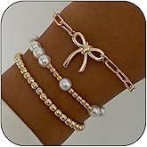 ANGLEQUEEN Gold Bracelets for Women Stackable Beaded Pearl Bow Bracelet Set Ribbon Chain Bracelet Dainty Statement Bracelets Boho Prom Jewelry Accessories Christmas Decorations Fashion Jewelry Gift for Women 2025