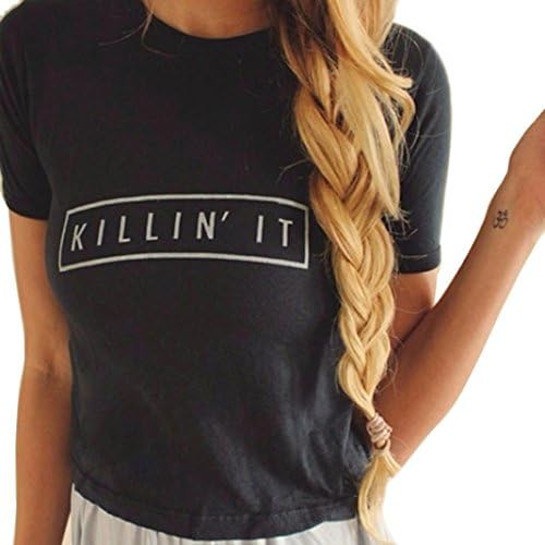 NOMENI Women Summer Round Neck Letter Printing Short Sleeve Cotton Blouse Tops T-Shirt (S)