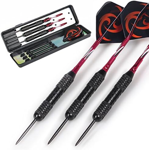 Steel Tip Darts 20 grams by Raiola with Stainless Steel Needle Tip Dart - Aluminum Shafts - Brass Barrels - PVC Flights - Storage Case for Man - Woman - Professional and Beginner (black-red)