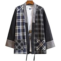 Hotmiss Mens Kimono Hipster Plaid Patchwork Linen Cloak Open Front Cardigan Jackets (Black Plaid, Large)