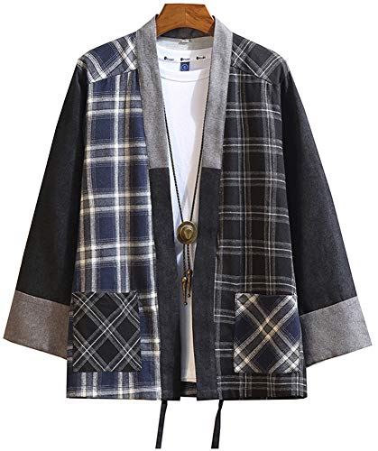 Hotmiss Men's Hipster Plaid Patchwork Linen Cloak Open Front Cardigan Kimono Jackets (Black Plaid, Medium) - Thumbnail 7