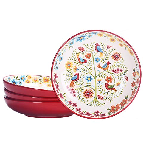 Bico Red Spring Birds Ceramic 1035ml Dinner Bowls, Set of 4, for Pasta, Salad, Cereal, Soup & Microwave & Dishwasher Safe