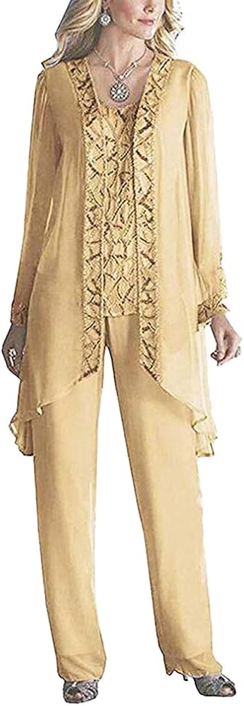 Amazon.com: Women's Elegant Champagne Chiffon Mother of The Bride Pant Suits for Wedding Plus 