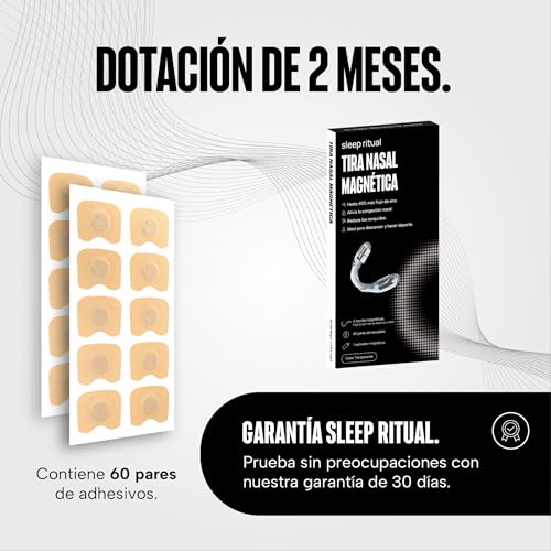 Sleep Ritual Tira Nasal Magnética Reutilizable. Dilatador Nasal para Dormir, Respirar Mejor y Deporte. Anti Ronquidos. Nasal Strips. Incluye 4 Tiras, 60 Adhesivos de Repuesto y Aplicador