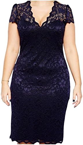 Myloo Women's Plus Size V Neck Cap Sleeves Lace Evening Party Cocktail Midi Dress Blue Navy Blue 18 US