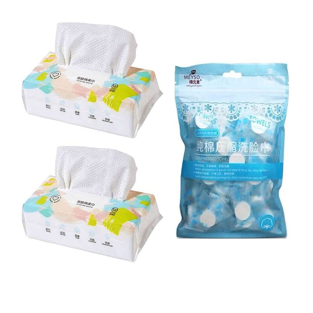 Ruihua Disposable Face Towel Combine,Soft Cleaning Face Towel(2 Packs) Cmpressed Washcloth(1Pack),Facial Cleansing Cotton Non-woven Cotton Wet and Dry wash Towel,Multi-purpose Disposable Face Towel