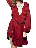R.Vivimos Women Spring Long Sleeve Deep V Neck Short Dresses XLarge Dark Red