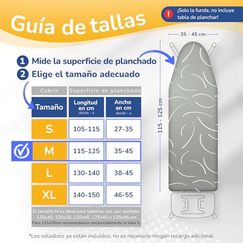 Yellocean Turbo Ironing Board Cover Suitable for 120 x 40 cm, 120 x 45 cm and up to 125 x 45 cm – Heat Reflective – Easy Assembly with Elastic – Double Padded – Size M