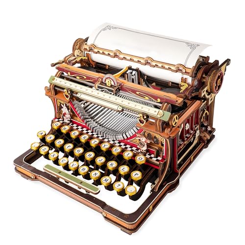 ROBOTIME Fairytale Wooden 3D Puzzle Writing Machine - Building Adult Model Kit, Mechanical Toy, Retro Office Decoration & Elegant Gift, LK703C (Orange)