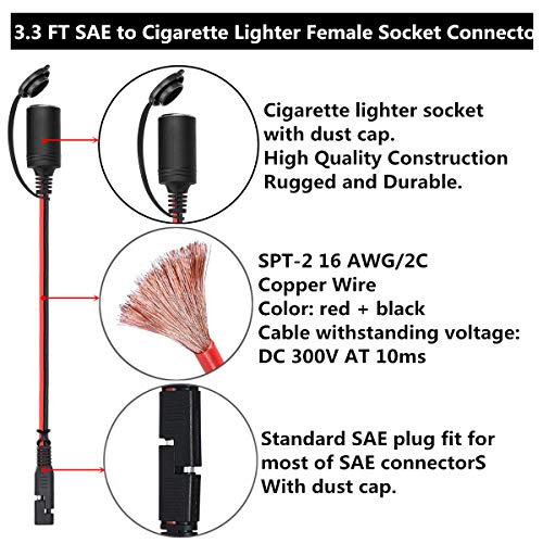 Sae Quick Release Charger Kit,SAE To Alligator Clips Connector Cable With Fuse,SAE Extension To 12V Cigarette Lighter Female Socket And Male Plug,3.4 FT 16AWG Heavy Duty Cord (3 Pack)