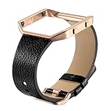 bayite Leather Bands with Frame for Fitbit Blaze Genuine Leather Straps Replacement for Fitbit Blaze Smart Fitness Watch Women Men Black