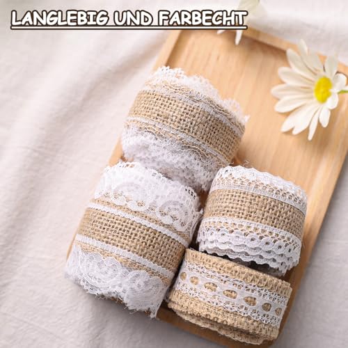 VGOODALL 4 Rollen Juteband Mit Spitze, Juteband Vintage Spitzenband Natürliche Sackleinen Hessische Juteband für Tischdeko Basteln Geschenkband DIY Handwerk