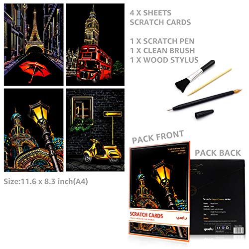 MUGIT Scratch&Sketch Art Paper(A4) for Kids&Adults, Rainbow Painting Night View Scratchboard, Art&Craft, Engraving Art Set: 4 Scratch Cards & Scratch Drawing Pen, Clean Brush (Street Corner)